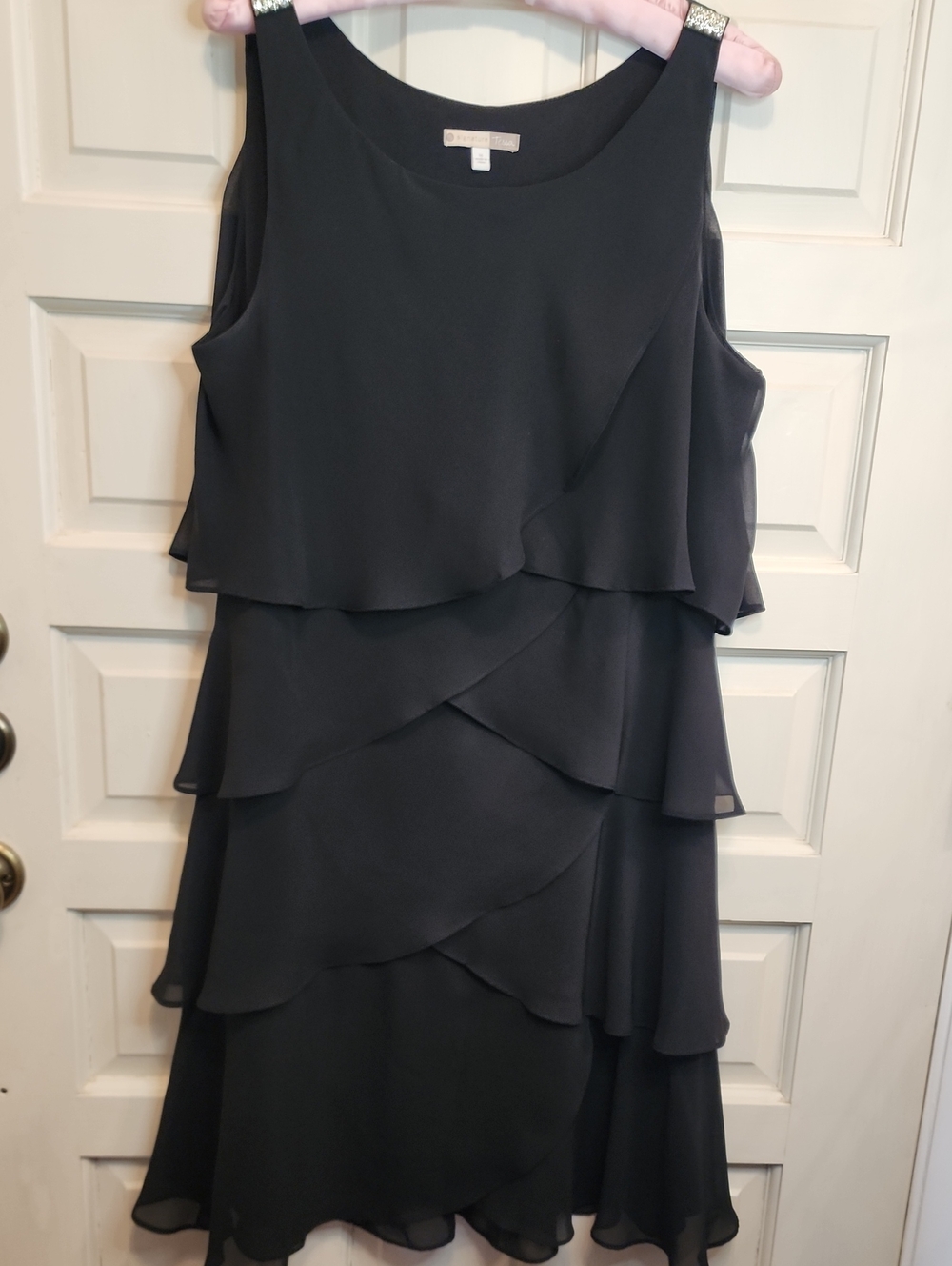Signature TESSA Black Chiffon Tiered Sleeveless Midi Formal Rhinestone Dress
